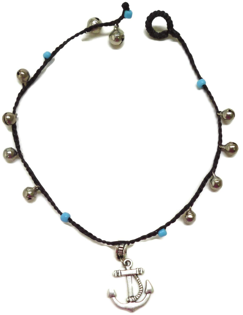 [Australia] - Moose546 Anchor Charm and Bells Ankle Bracelets with Blue Beads 11 Inches Wax Cord Beach Jewelry 