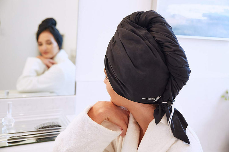 [Australia] - Ultra-Fine Microfiber Hair Towel Wrap - The Perfect Haircare - Anti-frizz Fast Drying Turban with Wet/Dry Brush Black 