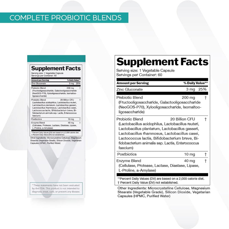 [Australia] - Anew Vita Complete Probiotic Blends | 5 in 1 Prebiotic, Probiotic, Postbiotic, Enzymes, Zinc | Quadruple Coated Probiotics | 20 Billion CFU per Veggie Capsule | 60 Veggie Capsules 