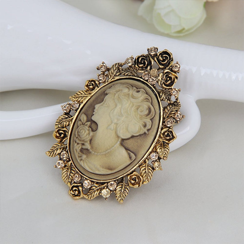 [Australia] - Danbihuabi Vintage Crystal Cameo Lady Maiden Flower Brooch(Silver Plated,Gold Plated) gold plated style 