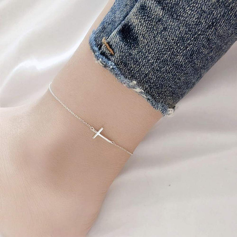 [Australia] - Cross Anklets for Women Teen Girls Men 925 Sterling Silver White Gold Plated Sideways Cross Adjustable Chain Classic Dainty Charm Foot Anklet Bracelet Baptism Birthday Gift Jewelry 