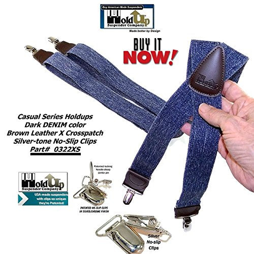 [Australia] - HoldUp Brand Dark Blue Denim X-back Suspenders with patented No-slip Nickel plated Clips 