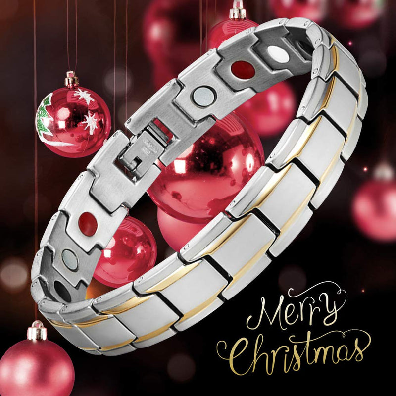 [Australia] - JFUME Magnetic Mens Bracelets 18K Plated Gold Silver Stainless Steel Link Bracelet for Men 8.5" Adjustable with Link Removal Tool Silver with Gold 