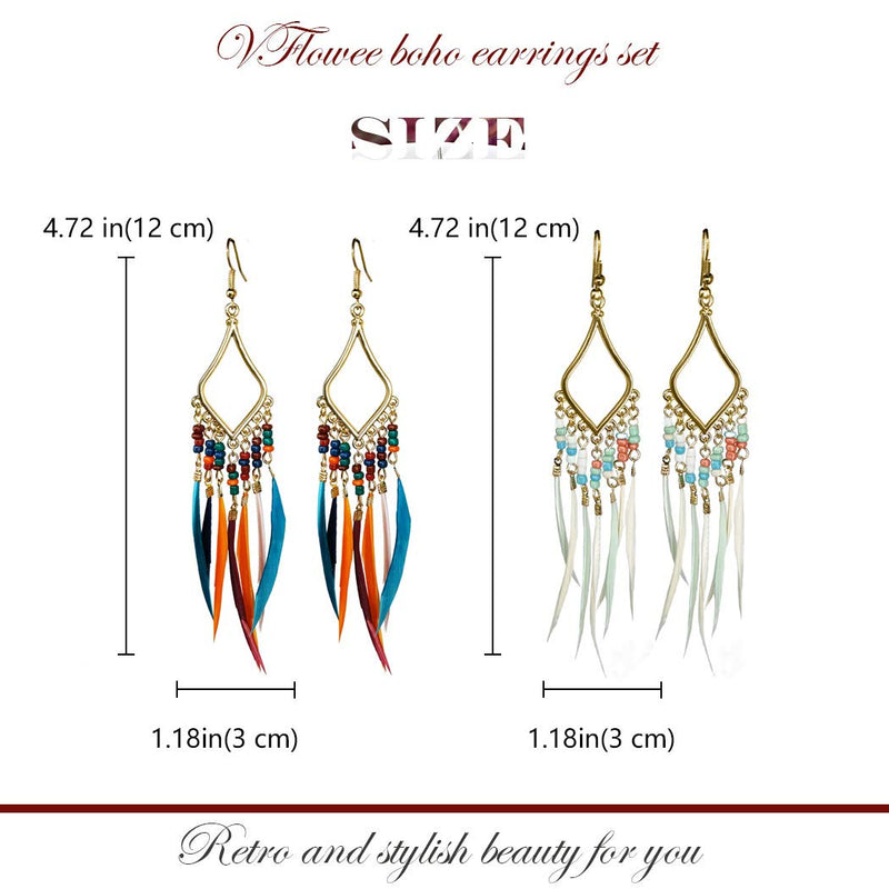 [Australia] - VFlowee Bohemian Earrings Set Feather Tassel Gold Ethnic Retro Boho Dangle Earring Bead Women Teen Girls Jewelry for Birthday Party Gifts 