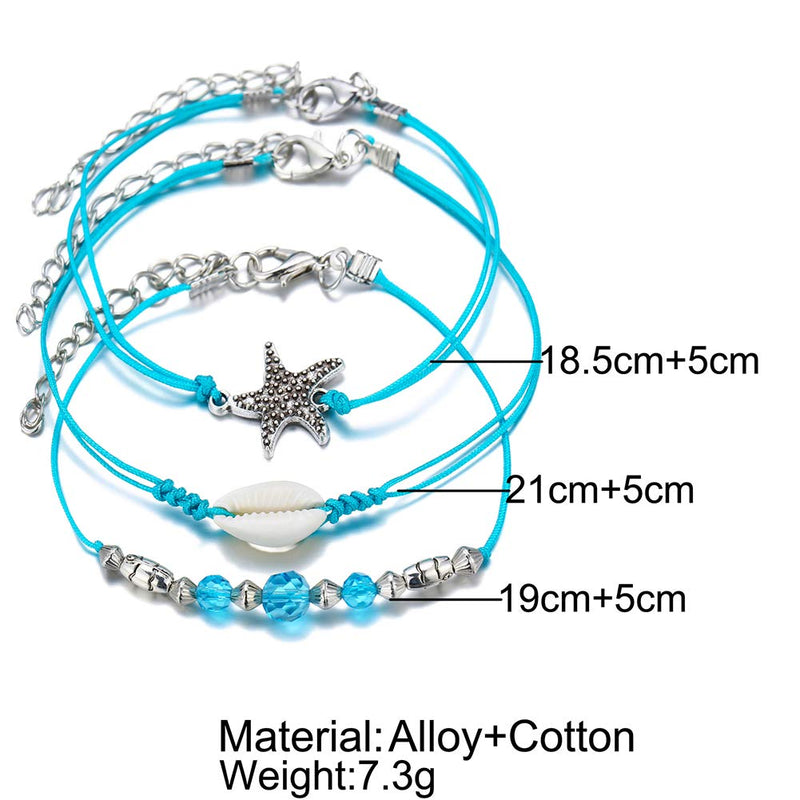 [Australia] - ZEKUI 3pcs Starfish Shell Simple Bracelet Blue Beads Beach Anklet Hand-knitted barefoot jewelry Accessories Men and women fashion Foot jewelry Bohemian 