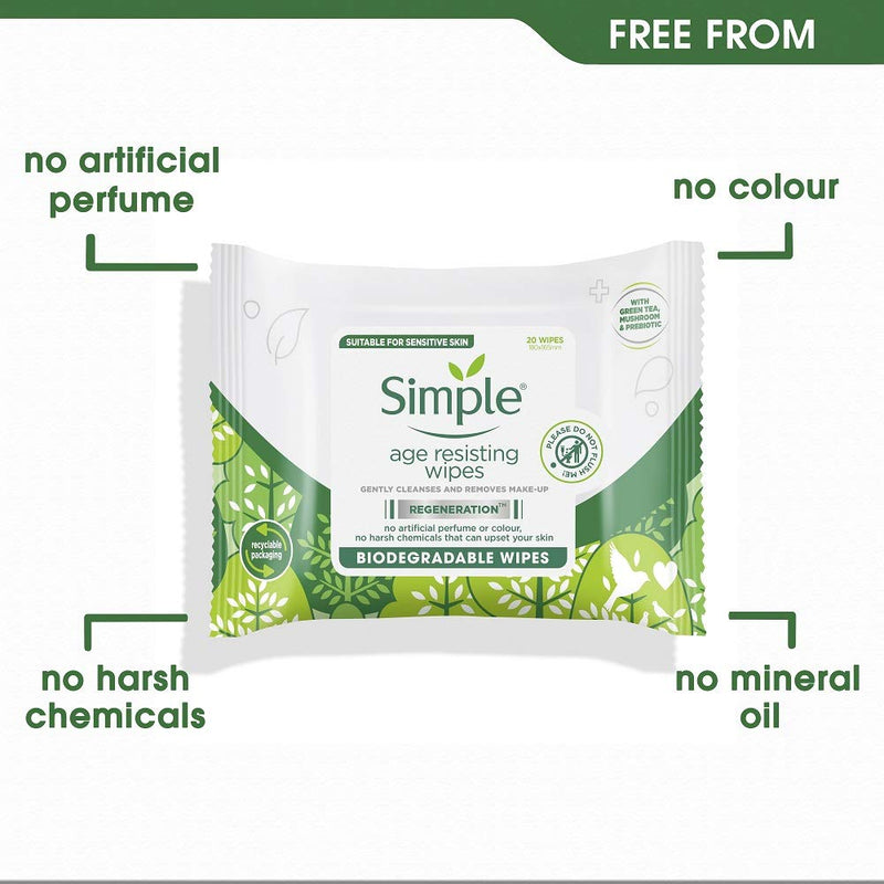 [Australia] - Simple Age Resisting Hypoallergenic Biodegradable Wipes for Sensitive Skin,20 Count (Pack of 1) 