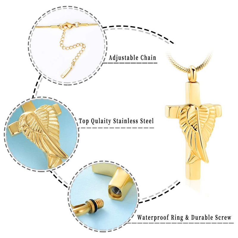 [Australia] - Cremation Urn Jewelry Angel Wings Cross Urn Pendant Memorial Remains Ashes Keepsake Necklace Gold 