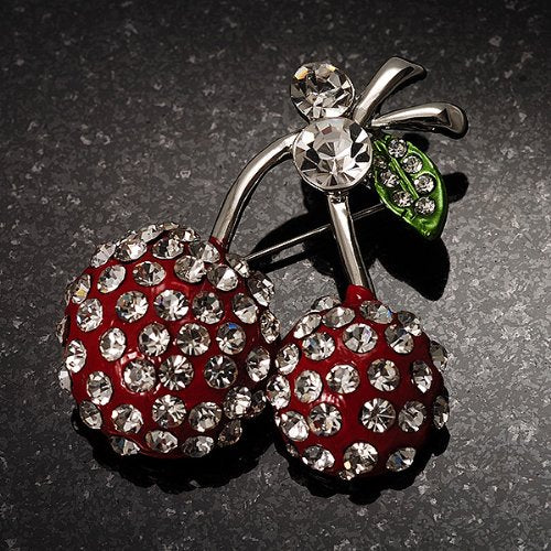 [Australia] - Avalaya Clear Crystal Red Double Cherry Fashion Brooch 