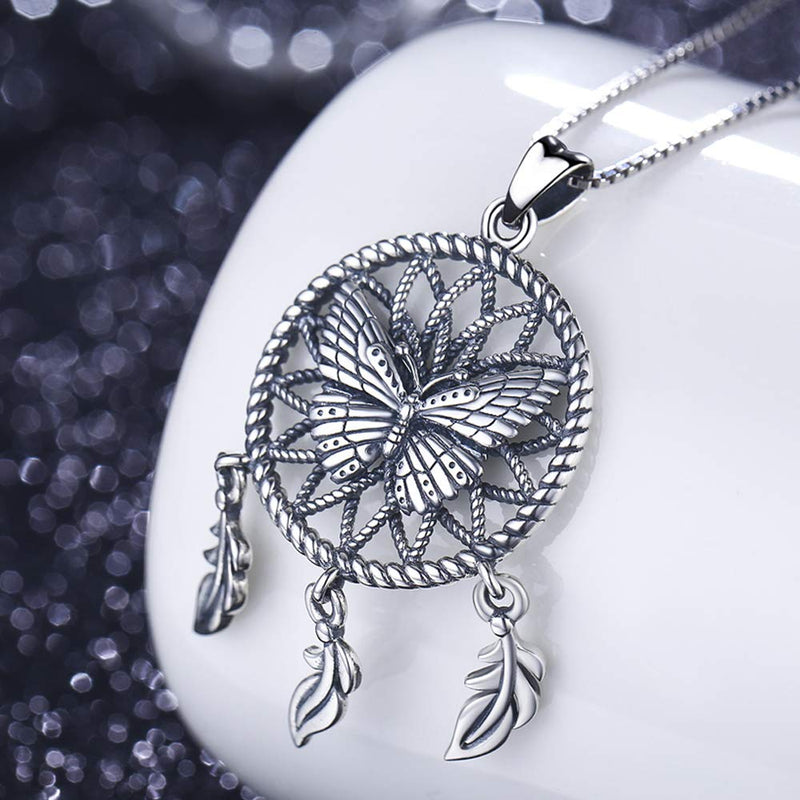 [Australia] - Aniu Butterfly Dream Catcher Necklace for Women, S925 Sterling Silver Feathers Girls Pendant (with Gift Box and 18 Inch Chain) 