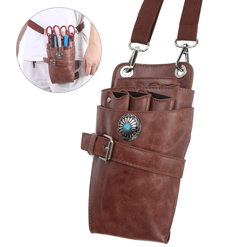 [Australia] - Hair Scissor Holster Pouch with Waist Shoulder Belt for Hairdressers Barber PU Leather Shears Hairdressing Tool Case Bag Holder Brown 