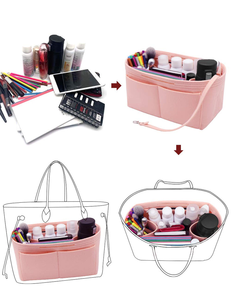 [Australia] - Felt Purse Organizer Insert Zipper Pocket with Two Removeable Bottle Holder Medium Pink 