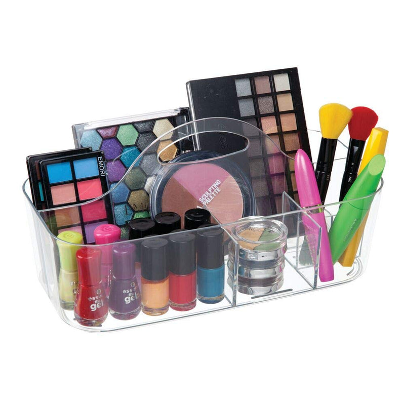 [Australia] - mDesign Plastic Makeup Storage Organizer Caddy Tote - Divided Basket Bin, Handle for Eyeshadow Palettes, Nail Polish, Makeup Brushes, Cosmetic and Shower Essentials - Large - Clear 1 