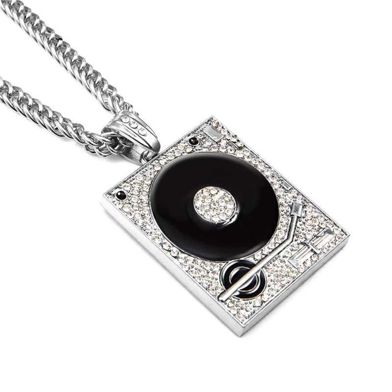 [Australia] - Xusamss Hip Hop DJ 18K Gold Plated Crystal Phonograph Tag Pendant Necklace with Chain plated silver 