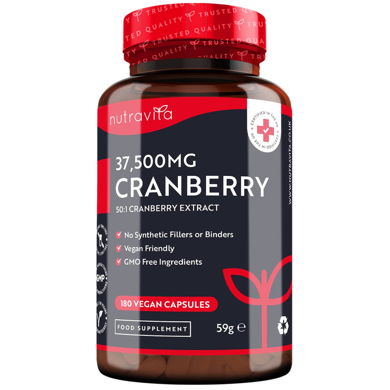 [Australia] - Max Strength Cranberry 37,500mg - 180 Vegan Capsules � Daily Supplement for Women � 50:1 Pure Cranberry Extract Supplement � Made in The UK by Nutravita 