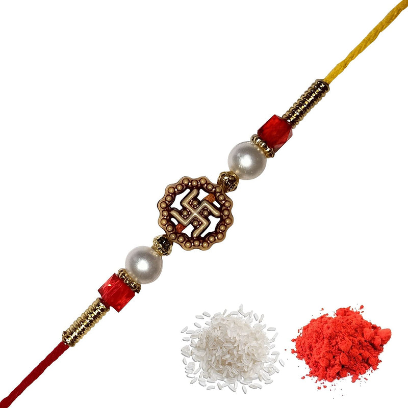 [Australia] - Satvik Emporium Set of 12 Pcs Handmade 'Swastik White Beads' Dora Rakhi for Brothers with Roli & Chawal | Rakhi for Raksha Bandhan Festival | Bracelets Rakhi | Best Gift for Brothers | Indian Rakhi. (Set of 12) 