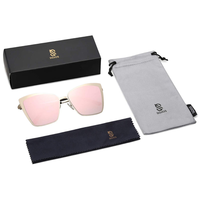 [Australia] - SOJOS Cateye Sunglasses for Women Fashion Mirrored Lens Metal Frame SJ1086 0c2 Gold Frame/Gradient Pink Mirrored Lens Multicoloured 