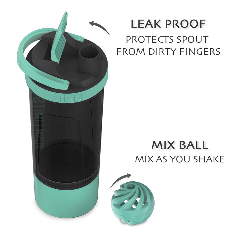 [Australia] - Artoid Mode 720ml Inspirational Sports Fitness Workout Protein Shaker Bottle with Twist and Lock Protein Box Storage, Dual Mixing Technology with Shaker Balls & Mixing Grids - BPA Free Aqua Green/Black 