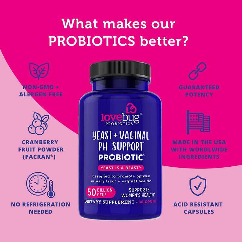 [Australia] - Lovebug Yeast + Vaginal pH Support | Clinically Studied Ingredients for Yeast & UTIs | Multi Strain 50 Billion CFU | 30 Capsules 30 Count (Pack of 1) 