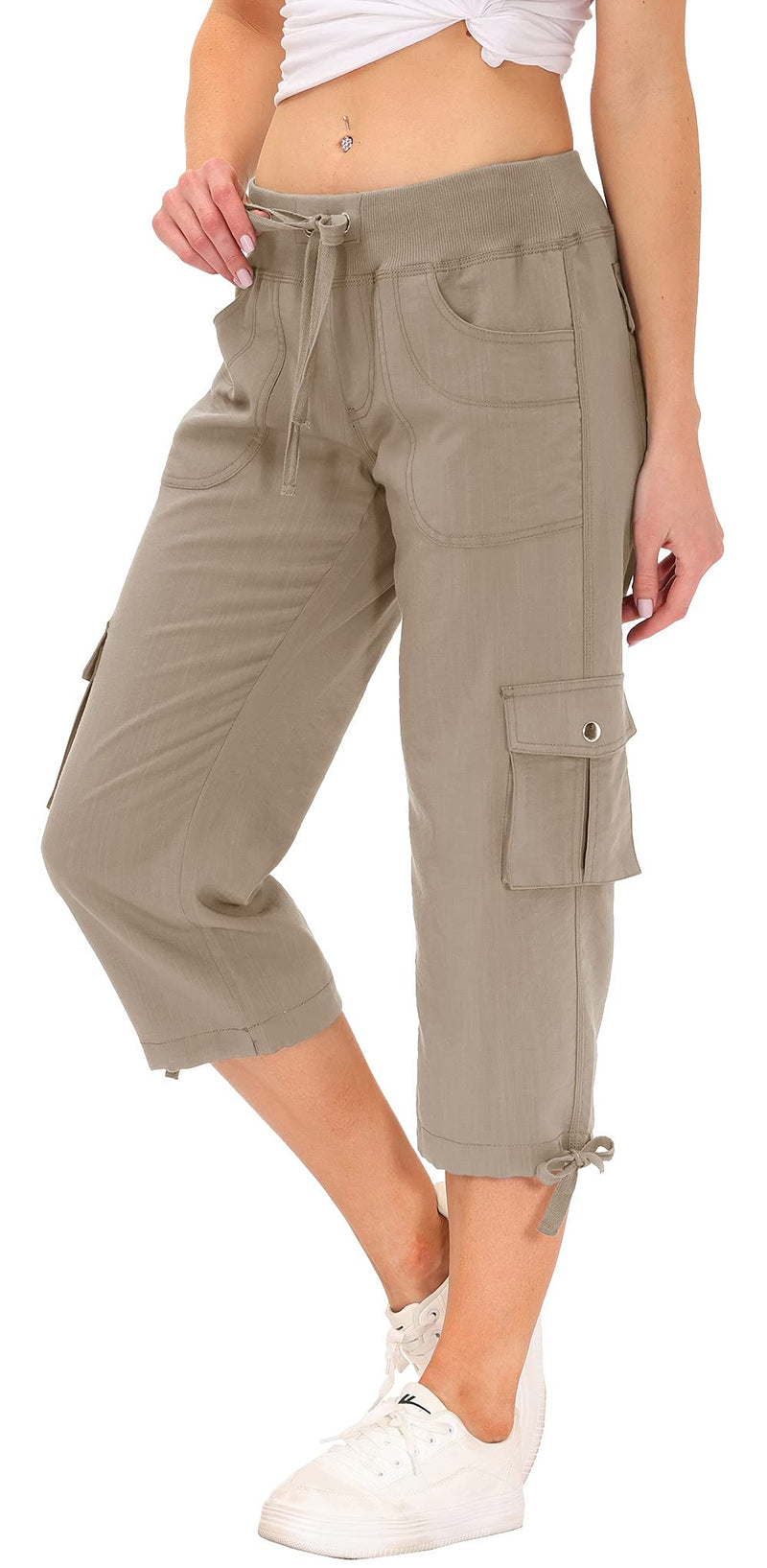 [Australia] - MoFiz Women's Relaxed-Fit Capri Pants 3/4 Length Cropped Trousers Casual Sports Pants with Cargo Pockets M Khaki 