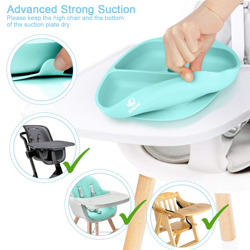 [Australia] - BEBOAN Silicone Divided Plate, Upgraded Non Slip Suction Plates,100% BPA-Free Feeding Dishes, Baby Toddler Plate Fits for Most High Chair (Light Green) Light Green 