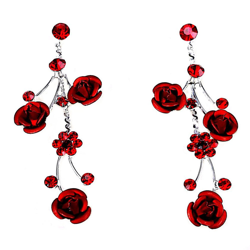 [Australia] - Faceted Metal Rose & Crystal Rhinestone Necklace & Earring Set for Bridal, Prom Red 