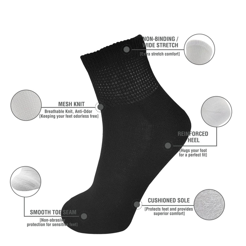 [Australia] - Lin Performance Diabetic Ankle Socks with Non-Binding Top and Cushion Sole, 4 or 6 Pairs 4 Pairs of Black Large 