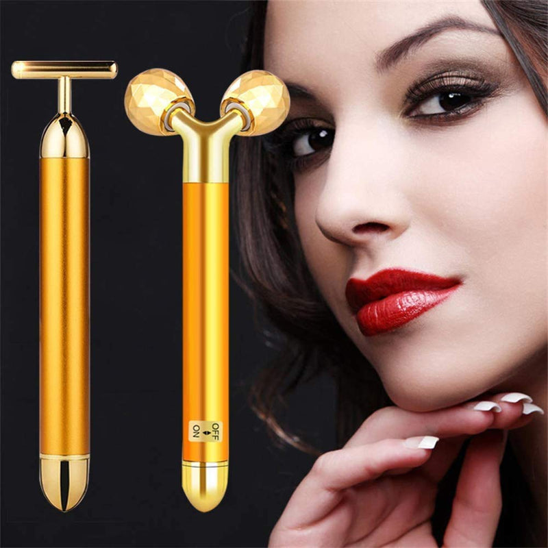 [Australia] - 2-IN-1 Beauty Bar 24k Golden Pulse Facial Face Massager, Electric 3D Roller and T Shape Massager Skin Care Tools Gift Set for Face Lift Anti Wrinkles Skin Tightening Face Firming 