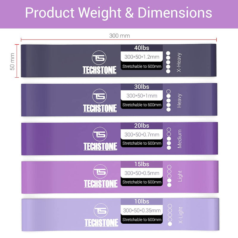 [Australia] - TechStone Resistance Bands Set for Men and Women, Pack of 5 Different Resistance Levels Elastic Band for Home Gym Long Exercise Workout – Great Fitness Equipment for Training, Yoga – Free Carrying Bag Purple 