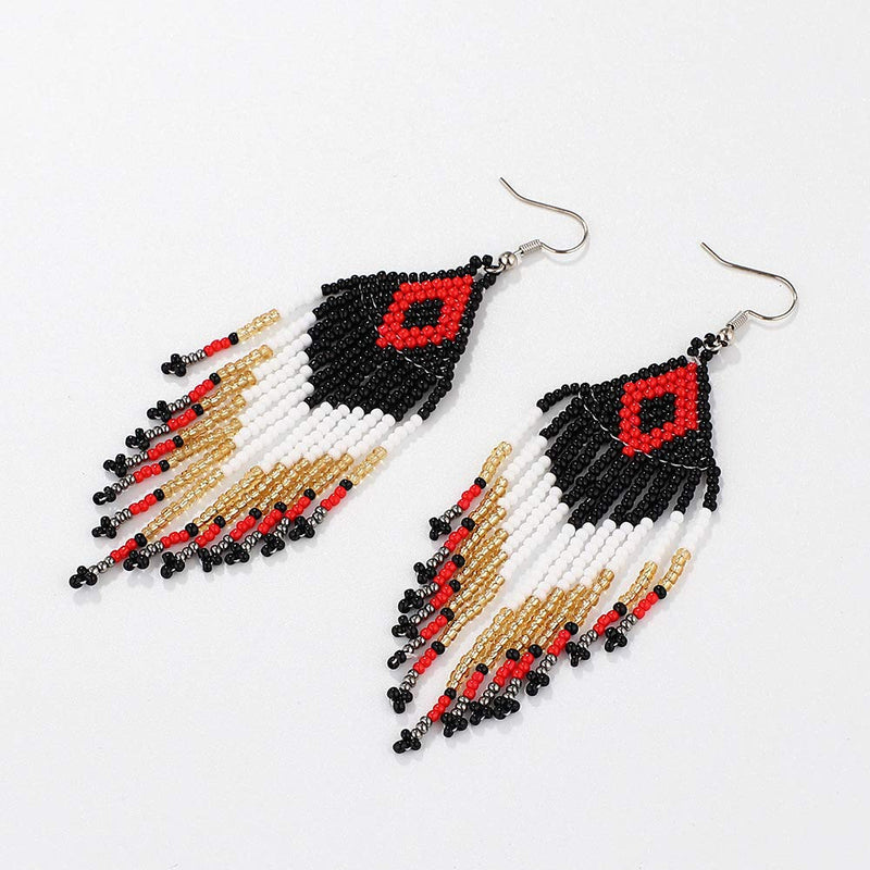 [Australia] - Long Beaded Tassel Earrings – Bohemian Native Handmade Seed Bead Tassel Earrings for Women Girls Black 