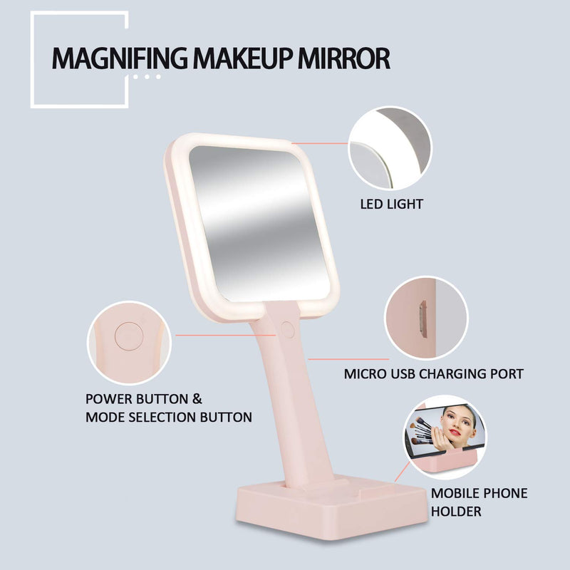 [Australia] - LED Hand Mirror,LED Vanity Mirror, Makeup Mirror, 3Color Lighting Modes 44 LED Double-Sided 1X/5X, Handheld and Fixed Design,High-Definition Makeup Lighting Mirror, Gift for Girls (Pink) Pink 