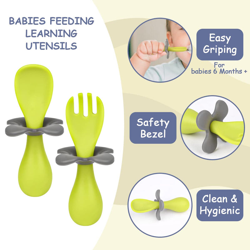 [Australia] - Vicloon Baby Fork and Spoon, Infant Self Baby Spoon Fork Self Feeding Utensil Set, Baby Cutlery Feeding Set Toddler Utensils Spoons Forks for Kids Self Feeding（Green Flowers） Green 