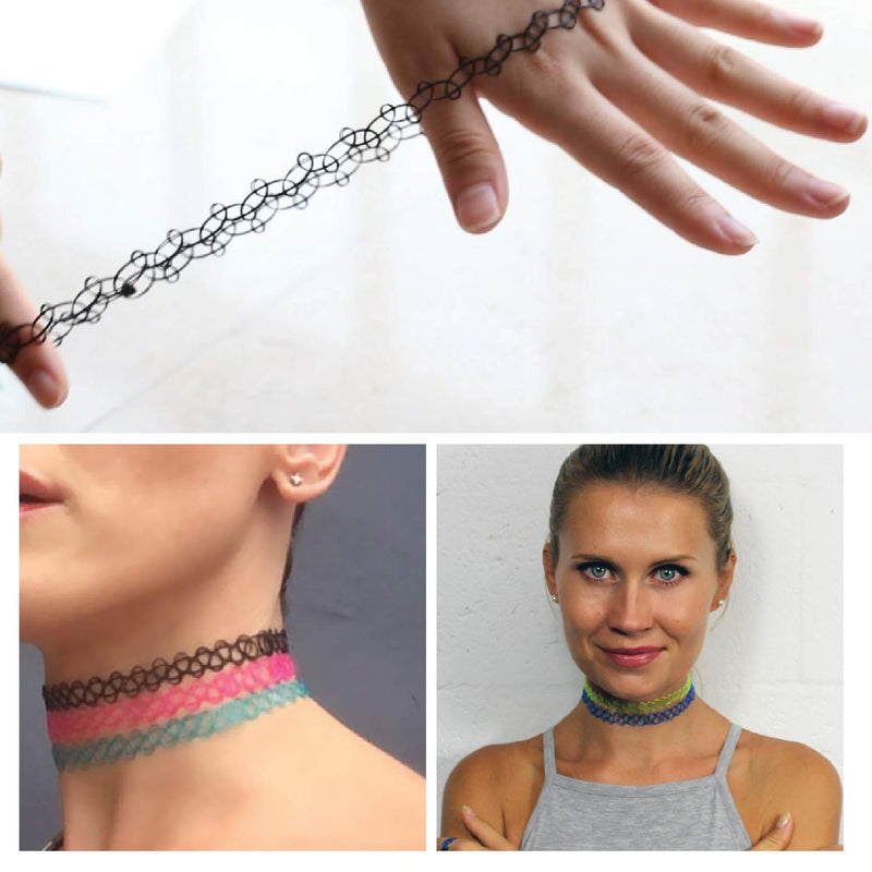 [Australia] - BodyJ4You 12PC Choker Necklace Set Henna Tattoo Stretch Elastic Jewelry Women Girl Gift Pack Aqua, Pink, Clear 