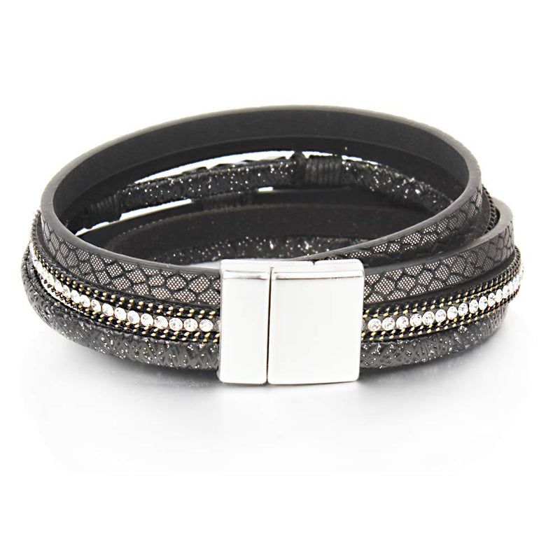 [Australia] - FANCY SHINY Leather Wrap Bracelet Boho Cuff Bracelets Crystal Bead Bracelet with Magnetic Clasp Jewelry Gifts for Women Teen Girls Black 14.7 Inches 