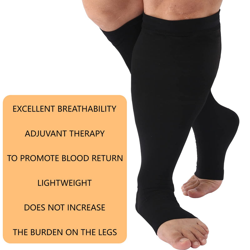 [Australia] - Plus Size Compression Socks Wide Calf Compression Socks for Women Men Medias de Compresion para Mujer Circulation Support 20-30 mmHg Knee High Medical Pro Toeless Open Toe Compression Socks Women Men Black 4X-Large 