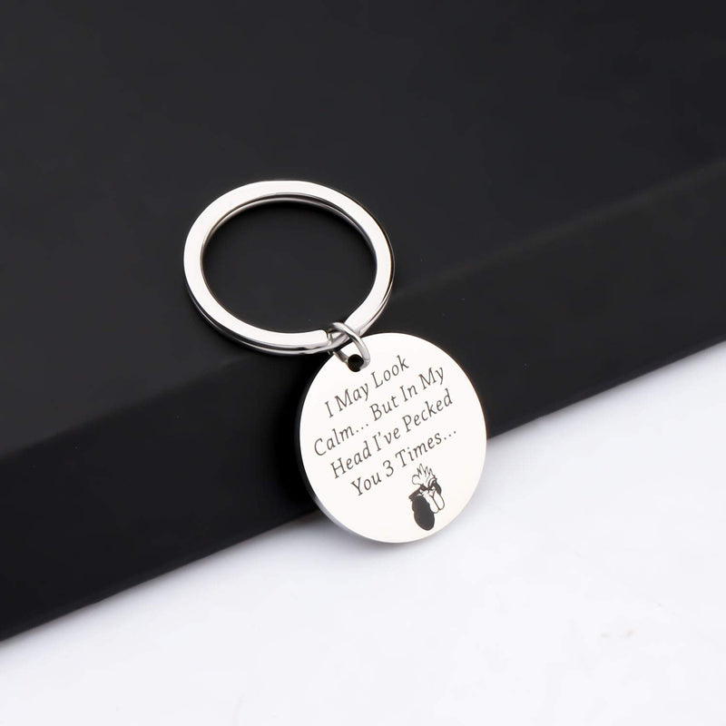 [Australia] - BEKECH Funny Calm Chicken Keychain I May Look Calm But in My Head I’ve Pecked You 3 Times Jewelry Gift for Chicken Lovers Rooster Lovers Gift silver keychain 