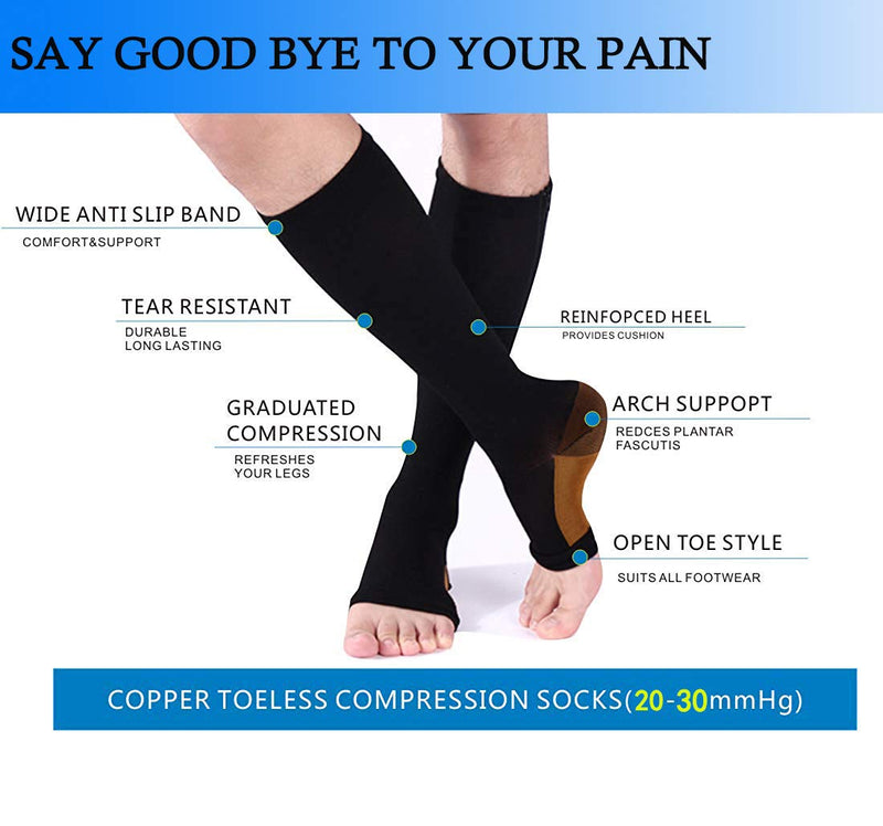 [Australia] - Copper Compression Socks, Open-Toe 20-30mmHg Graduated Compression Stockings for Men Women 01 Black Large-X-Large 