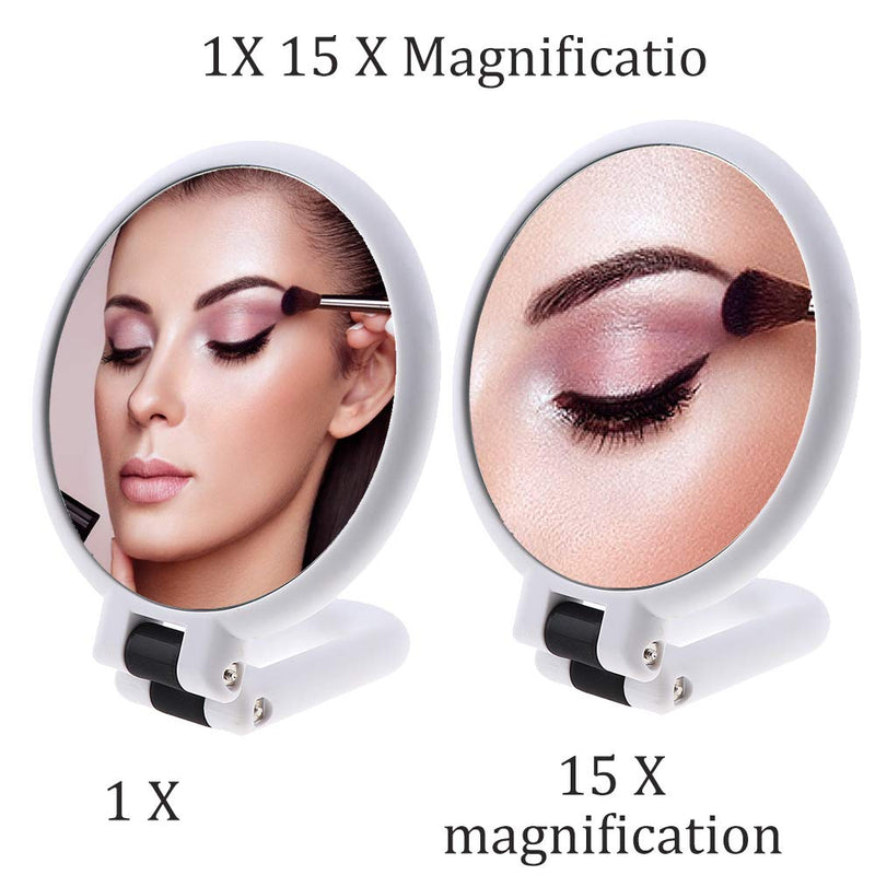 [Australia] - 15x Magnifying Handheld Mirror ,Travel Folding Hand Held Mirror,Double Sided Pedestal Makeup Mirror with 1/15x Magnification White 
