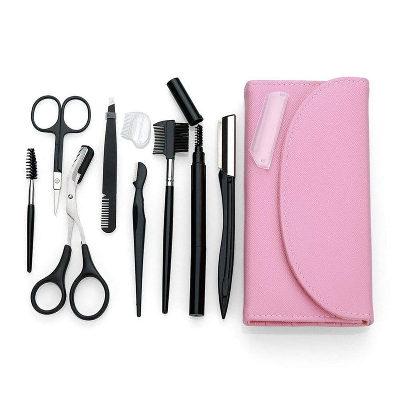 [Australia] - 8PCS/SET Eyebrow Shaping Grooming Kit, Eyebrow Scissors, Eyebrow Pencil, Eyebrow Brush Trimmer, Brush, Beauty Tools Set with Leather Bag (pink) pink 