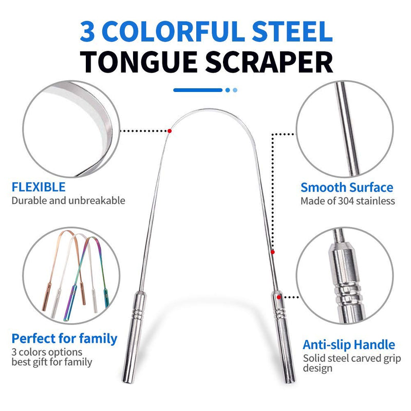 [Australia] - Y-Kelin 3 Pcs Stainless Steel Tongue Scraper Metal Tongue Brush for Oral Care (3 pcs Stainless Steel) 3 Count (Pack of 1) 