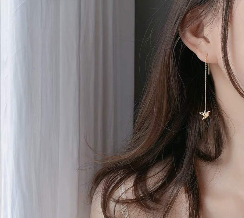 [Australia] - iszie jewellery silver sweet crystal paper cranes origami thread earrings, dangle origami earrings 