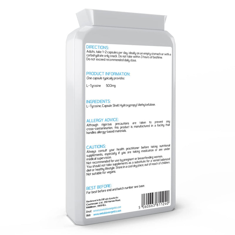 [Australia] - L-Tyrosine 500mg 120 Capsules - Pure Amino Acid with No Fillers or Binders or Flow Agents – an Amino Acid Nutritional Supplement Suitable for Vegetarians - UK Made 