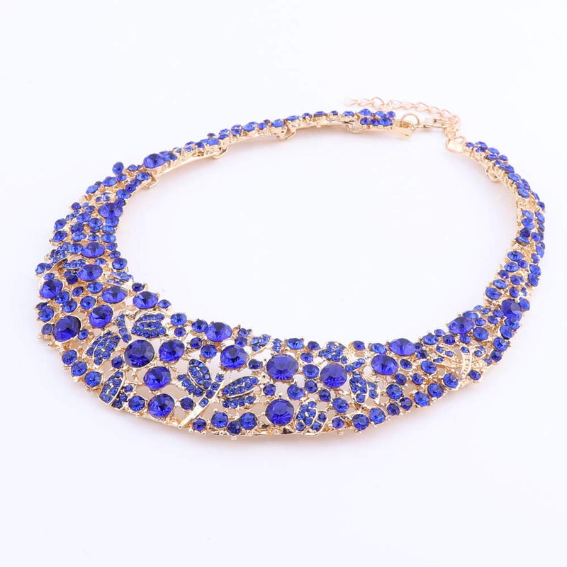 [Australia] - OUHE Jewelry Sets for Women Crystal Inlay Necklace Earrings Ring Bracelet Bridesmaid Costume Show Wedding Gold Blue 