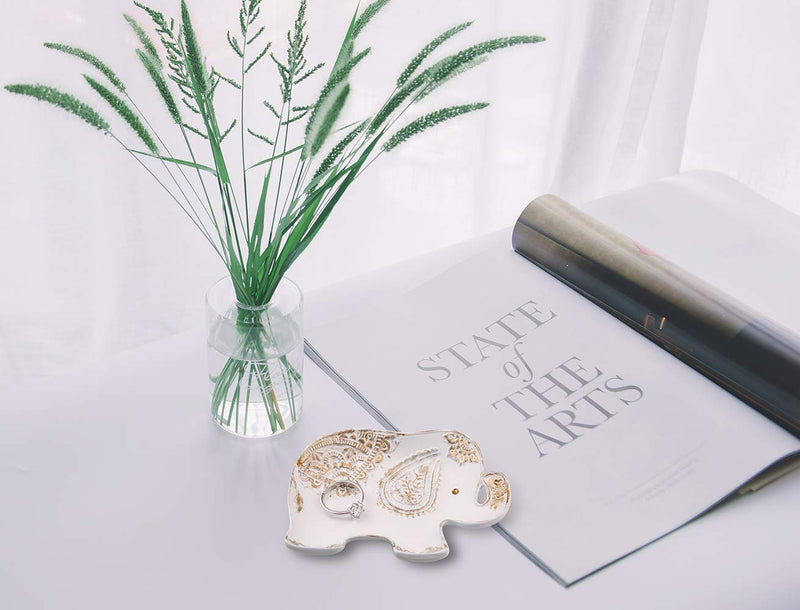 [Australia] - Jewelry Tray Elephant Shape Vintage Trinket Ring Earrings Organizer Storage Desk Ornaments Dish Plate Stand Display Decorative Dish Jewelry Holder 3.7 x 2.9 x 0.6inch (White) White 