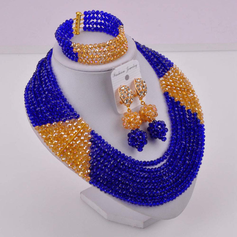 [Australia] - Nigerian Wedding African Royal Blue and Gold AB Beads Bridal Jewelry Sets LCF035 