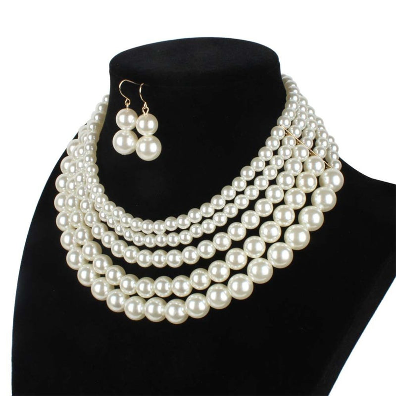 [Australia] - Thkmeet Women Elegant 5 Layer Pearl Bead Cluster Collar Choker Necklace and Earrings Set White 