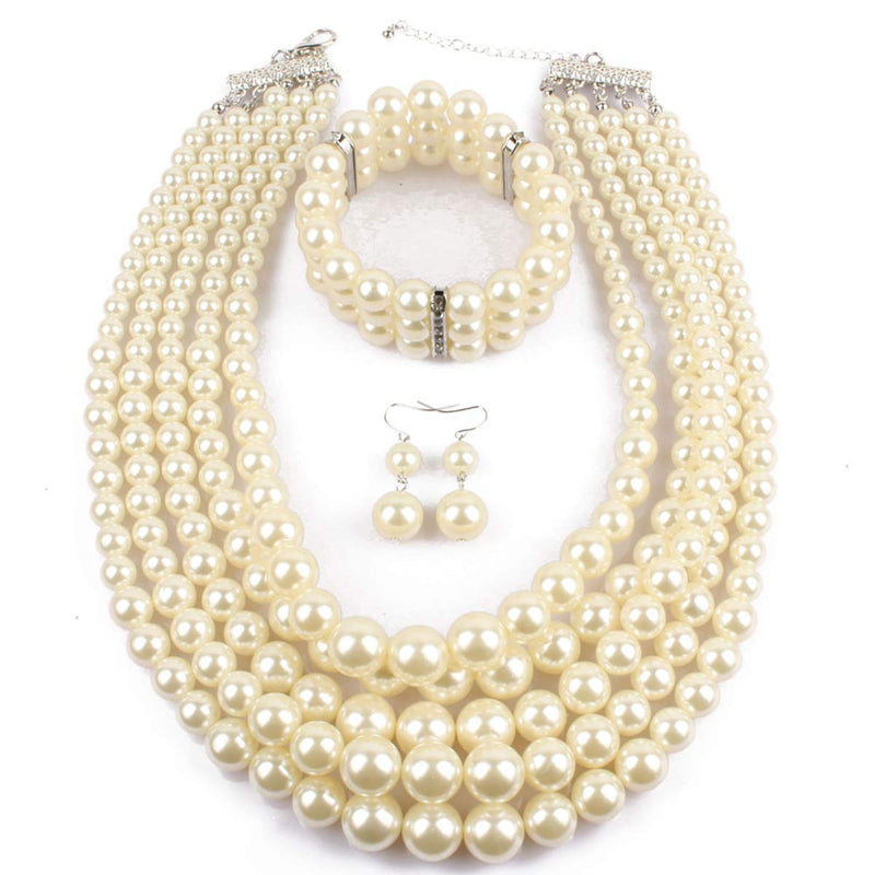 [Australia] - Fodattm Women Lady Multi Layer Imitation Pearl Strand Cluster with Necklace Bracelet and Earrings Set Elegant Costume Jewelry Sets Beige 