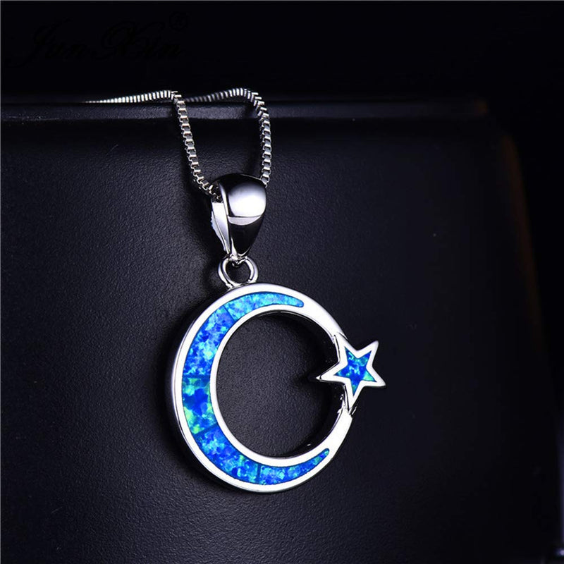 [Australia] - CiNily 14K Gold Plated Moon Star Opal Pendant Necklace Cute Dainty Opal Jewelry Gifts for Women Girls moon star-blue 