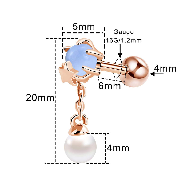 [Australia] - OUFER 16G Pearl Dangle Cartilage Earrings Chain Stainless Steel Helix Studs Tragus Ball Air Blue Opal Stone Ear Piercings Jewellery Women Rose Gold 