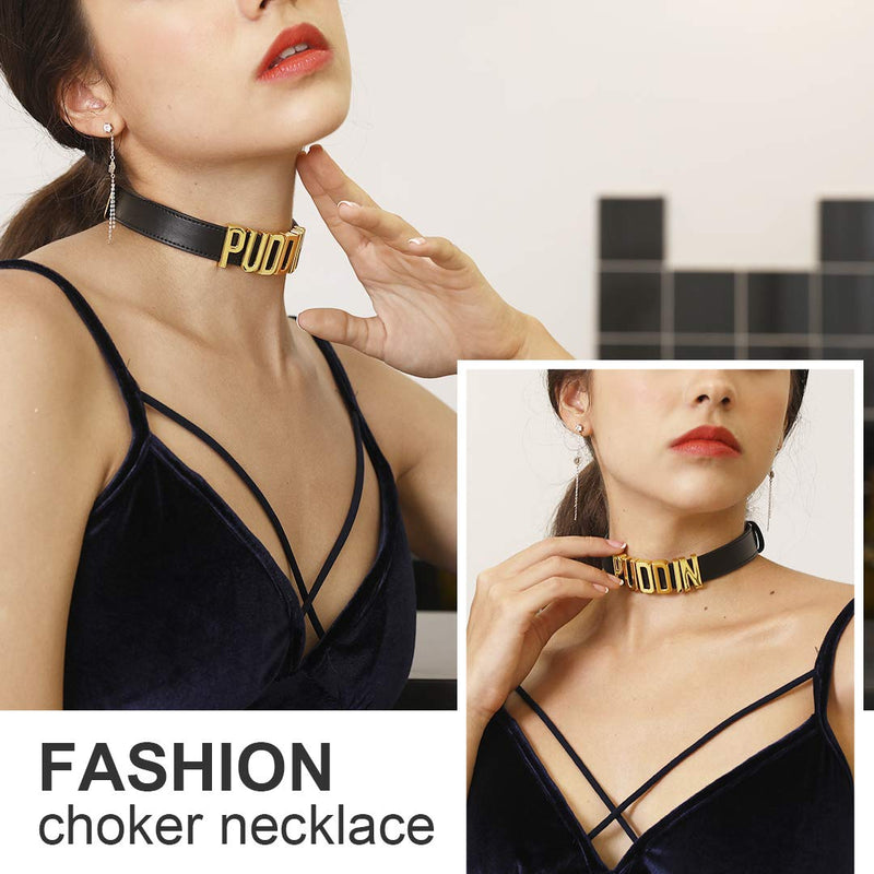 [Australia] - ChainsHouse Customized Choker Collar Necklace for Women Girls Charm/Thick Puddin/CZ Adjustable High Neck Custom Personalized Initials Name Leather Choker Necklace, Send Gift Box A: Gold Puddin Choker 