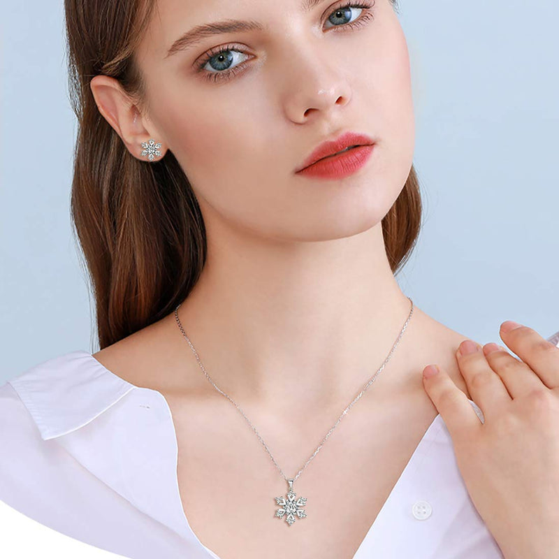 [Australia] - BriLove Women 925 Sterling Silver Cubic Zirconia Snowflake Pendant Necklace Stud Earrings Set #Sets 
